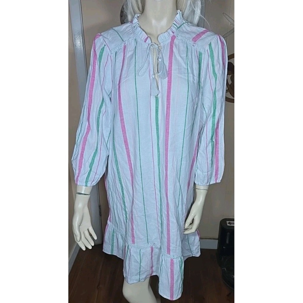 crown & ivy White Dress with Pink and Green Vertical Stripes